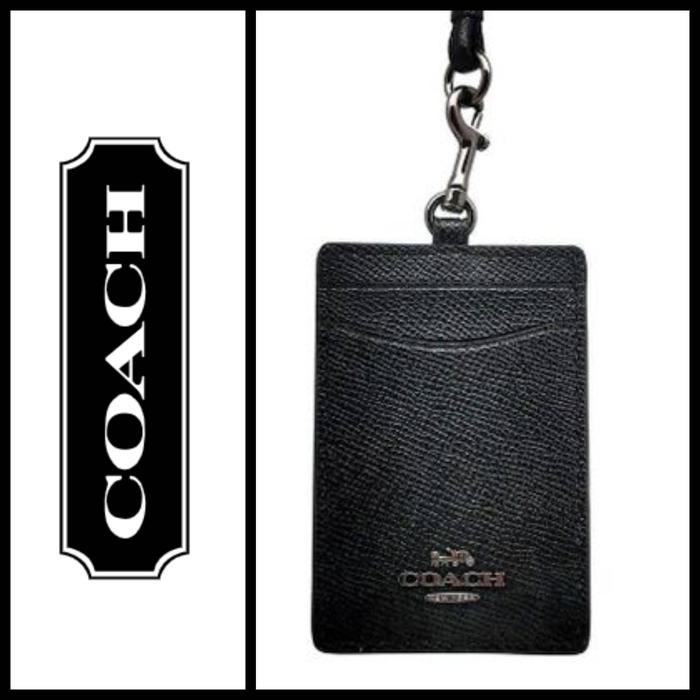 

LANGSUNG DIPROSES Gantungan Kartu ID Card holder Lanyard Black Crossgrain Leather GunMetal logo