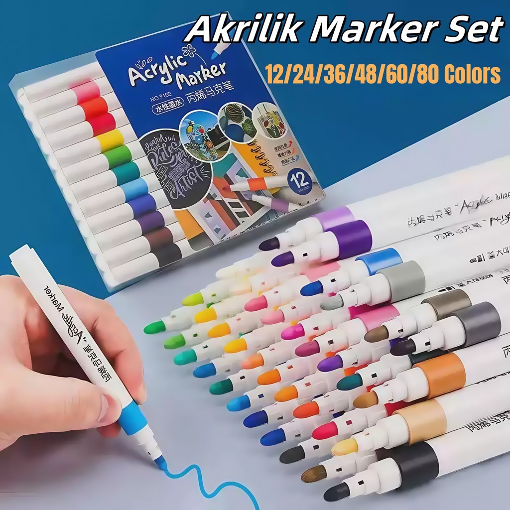 

CARAT 12/24/36/48/60/80 Colors Pen Akrilik Marker Warna Cepat Kering Tahan Air / Spidol Acrylic