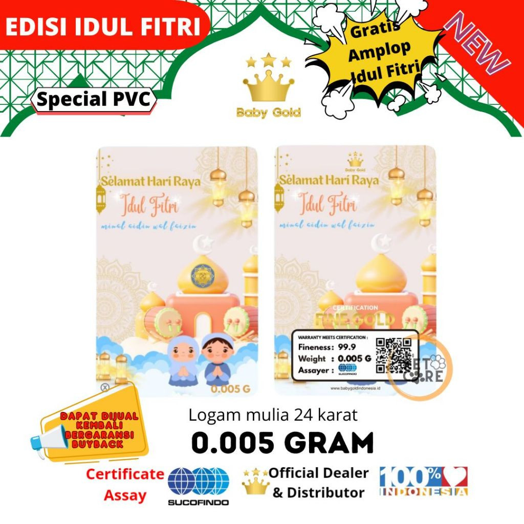 BABY GOLD EDISI IDUL FITRI PVC KUBAH EMAS 0.005 Gram EMAS MINI LOGAM MULIA (GRATIS AMPLOP)