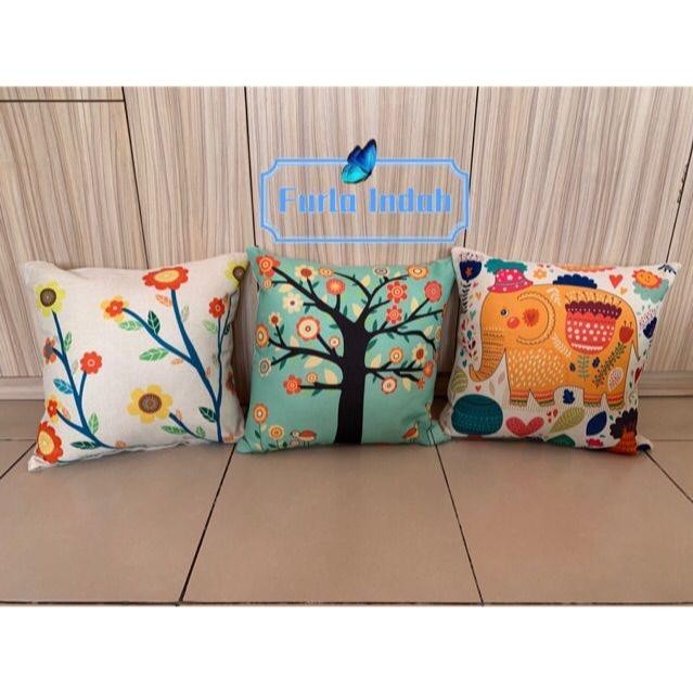 Dekorqt- Sarung Bantal Sofa Sarung Bantal Kursi Motif Putih Bunga/Hijau Pohon/Gajah 4545Cm