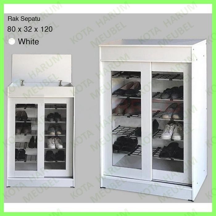 Lemari Rak Sepatu Pintu Geser Sliding Kaca Putih Huga 425 Bandung