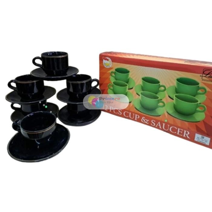 Gelas Cangkir Kopi Set Keramik 1 Pack Isi 6 Hitam List Emas