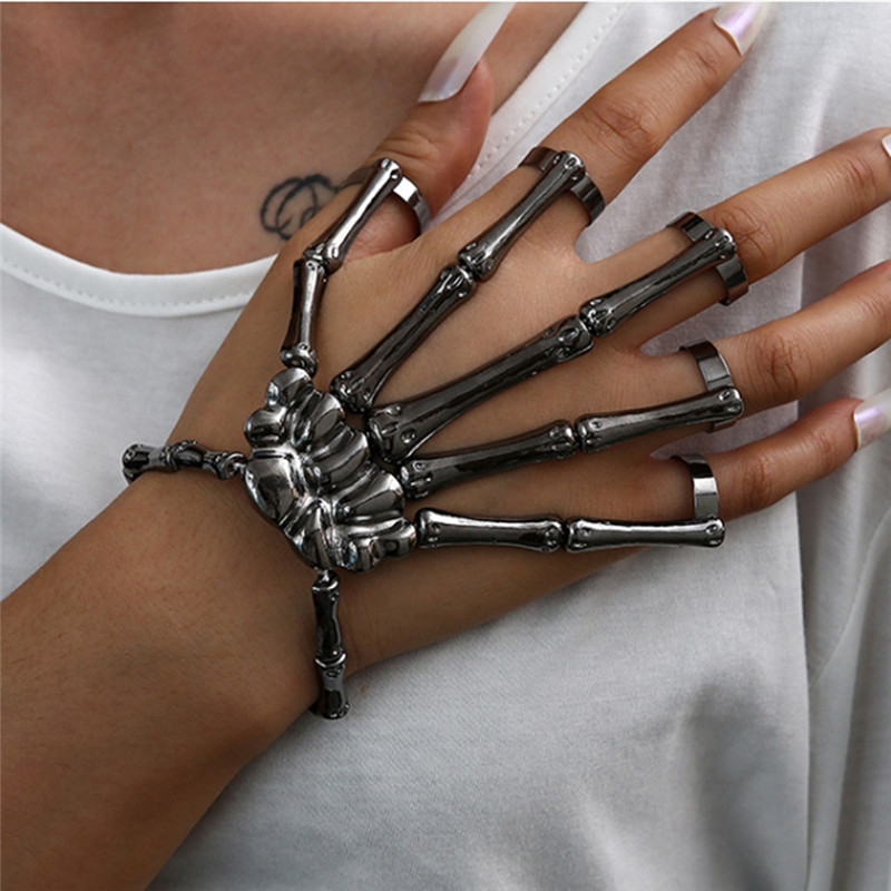 Fashion Personality Punk Skeleton Hand Bone Versatile Five-Finger Ring Bracelet Adjustable All-In-On