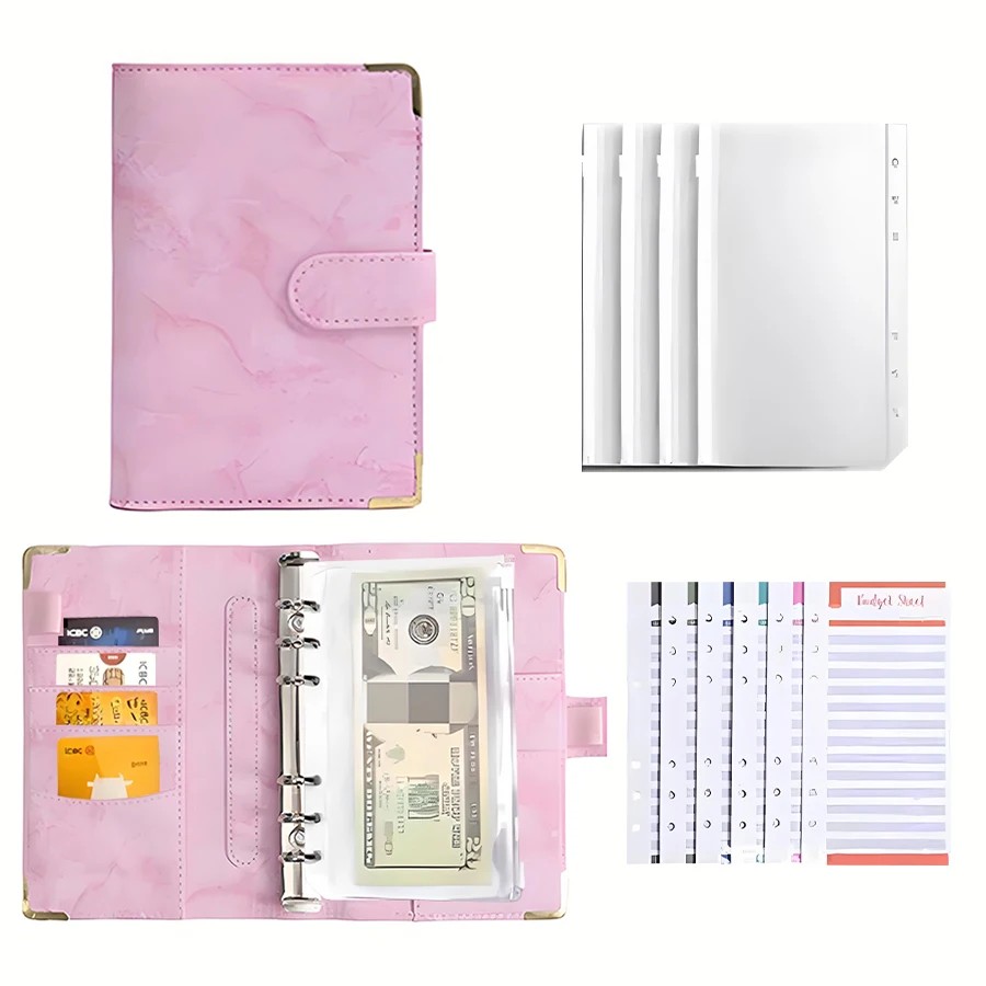 

Sleek A6 Pu Leather Marble Texture Binder With Zipper Trendy Multi-Pocket Storage Bag To Keep Your