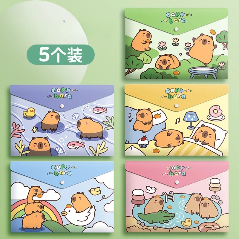 

5Pcs A4 Large-Capacity Cartoon File Bag Stationery Storage Document Bag Zip File Folder Office &
