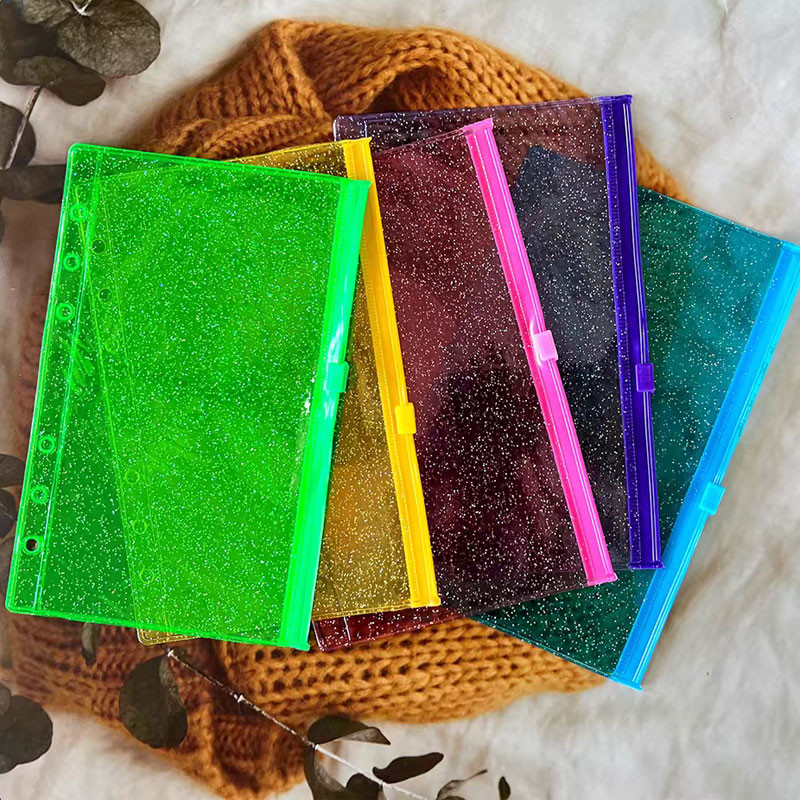 

5Pcs/Lot A6 Colorful Glitter Binder Pockets Binder Waterproof Zipper Folders For 6-Ring Notebook Pvc