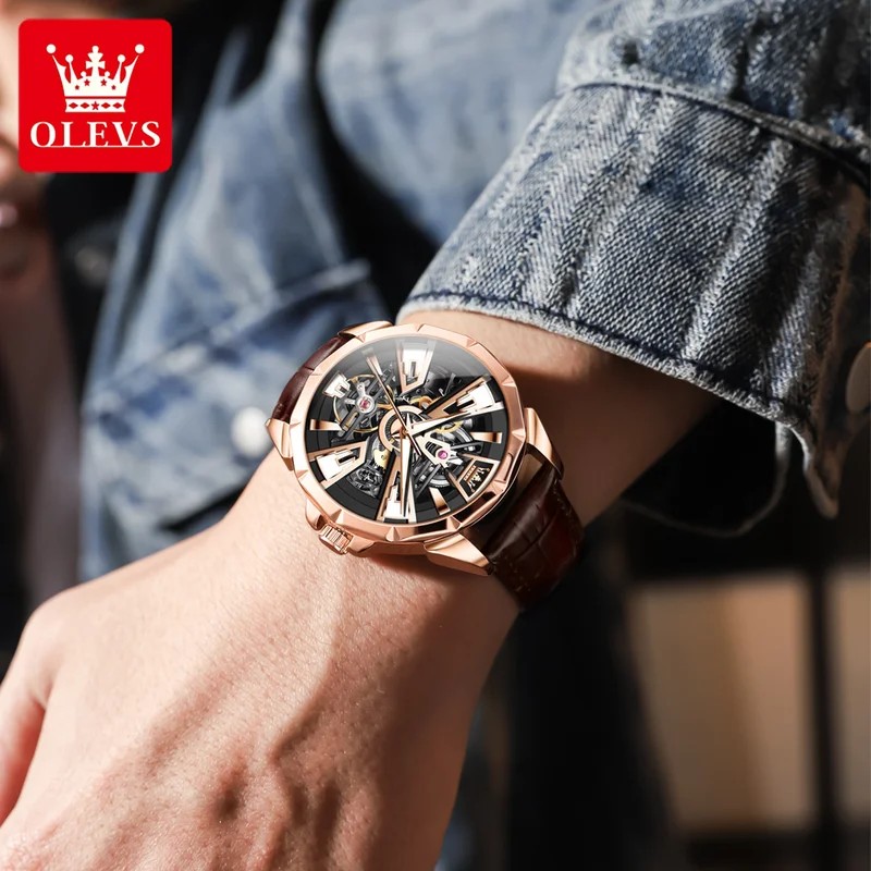 Olevs 7051 Mens Watch Waterproof Luminous Multifunctional Automatic Mechanical Watch Skeleton