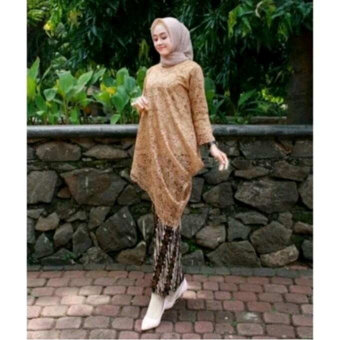 Setelan Kebaya Tunik Miring Brokat Wanita Lamaran Dress Kondangan Pesta Mewah Baju Panjang Remaja