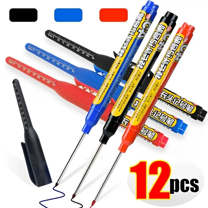 

12-1Pcs Multi-Purpose 45Mm Deep Drill Hole Long Nibs Waterproof Marker Pens For Bathroom Woodworking