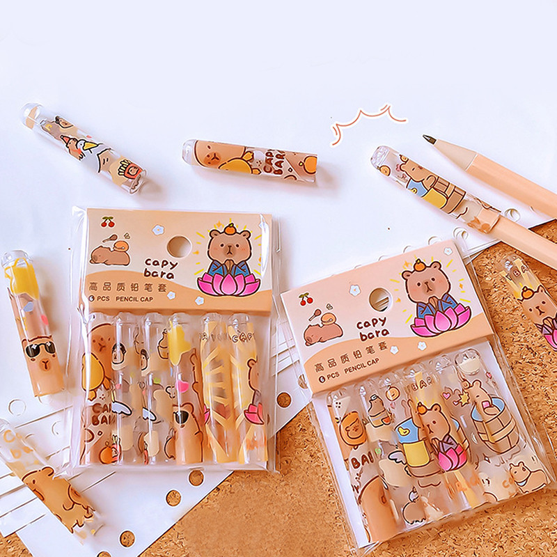 

6Pcs Pack Kawaii Capybara Protective Pen Cover Transparent Pencil Cap Aesthetic Stationery Items