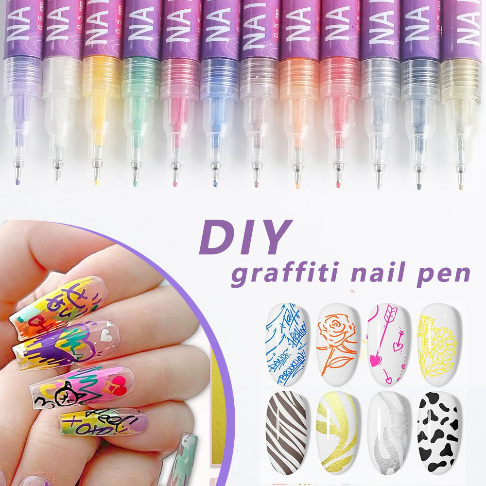 

12Pcs Nail Art Graffiti Pen Black Waterproof Painting Liner Brush 3D Abstract Lines Fine Details