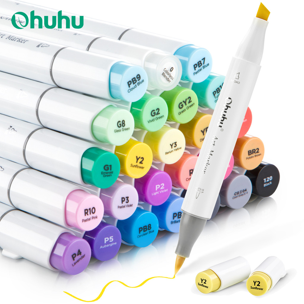 

Ohuhu Honolulu 24 Colors Marker Pen Set Alcohol Art Markers Refillable Dual Tips Sketching Drawing