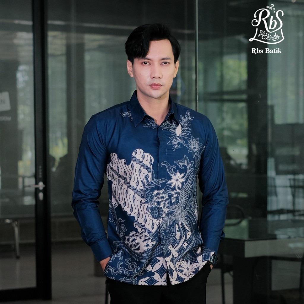 PROMO / RBS Batik - Kemeja Batik Pria Gumantama Slimfit Lapis Furing Warna Biru Kombinasi Cream