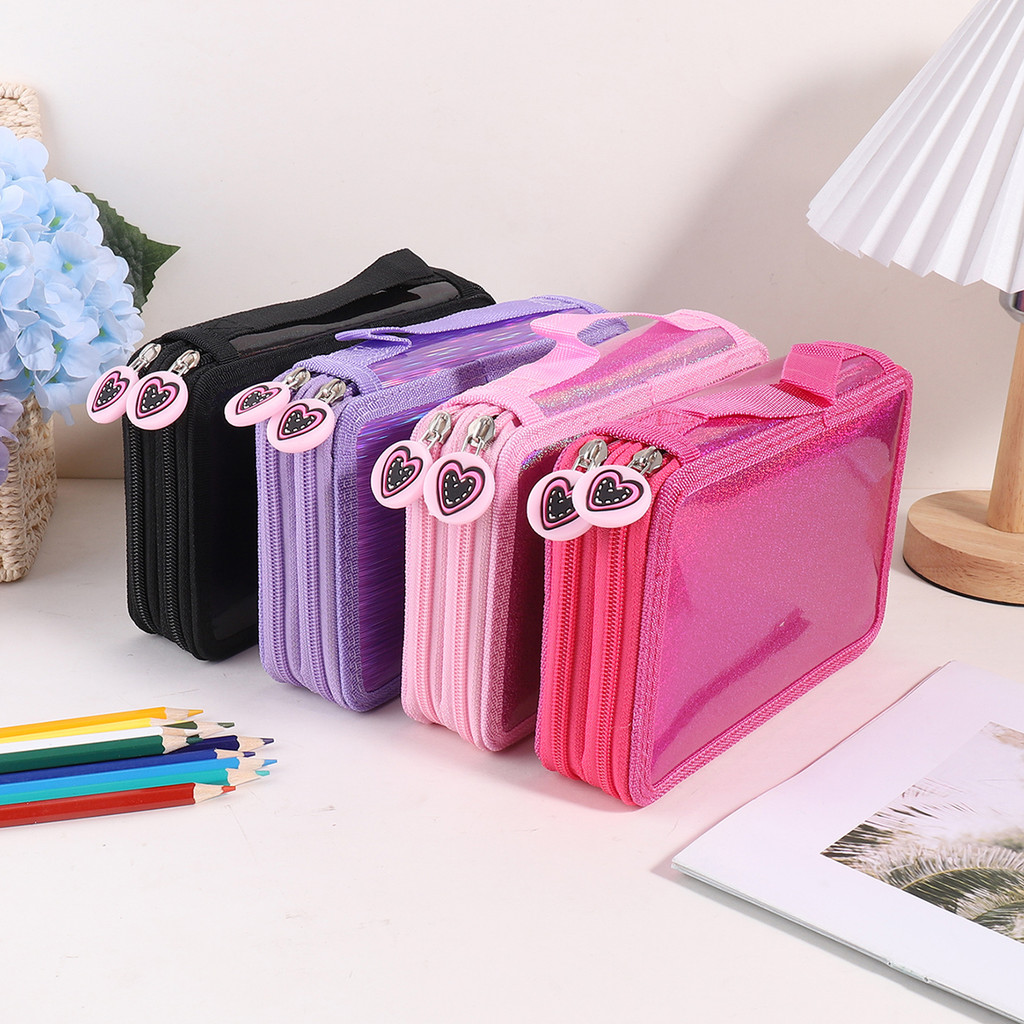 

1Pc Glossy Two-Layer Pencil Case, Love Zipper Pendant Student Colored Pencil Storage Pencil Case For