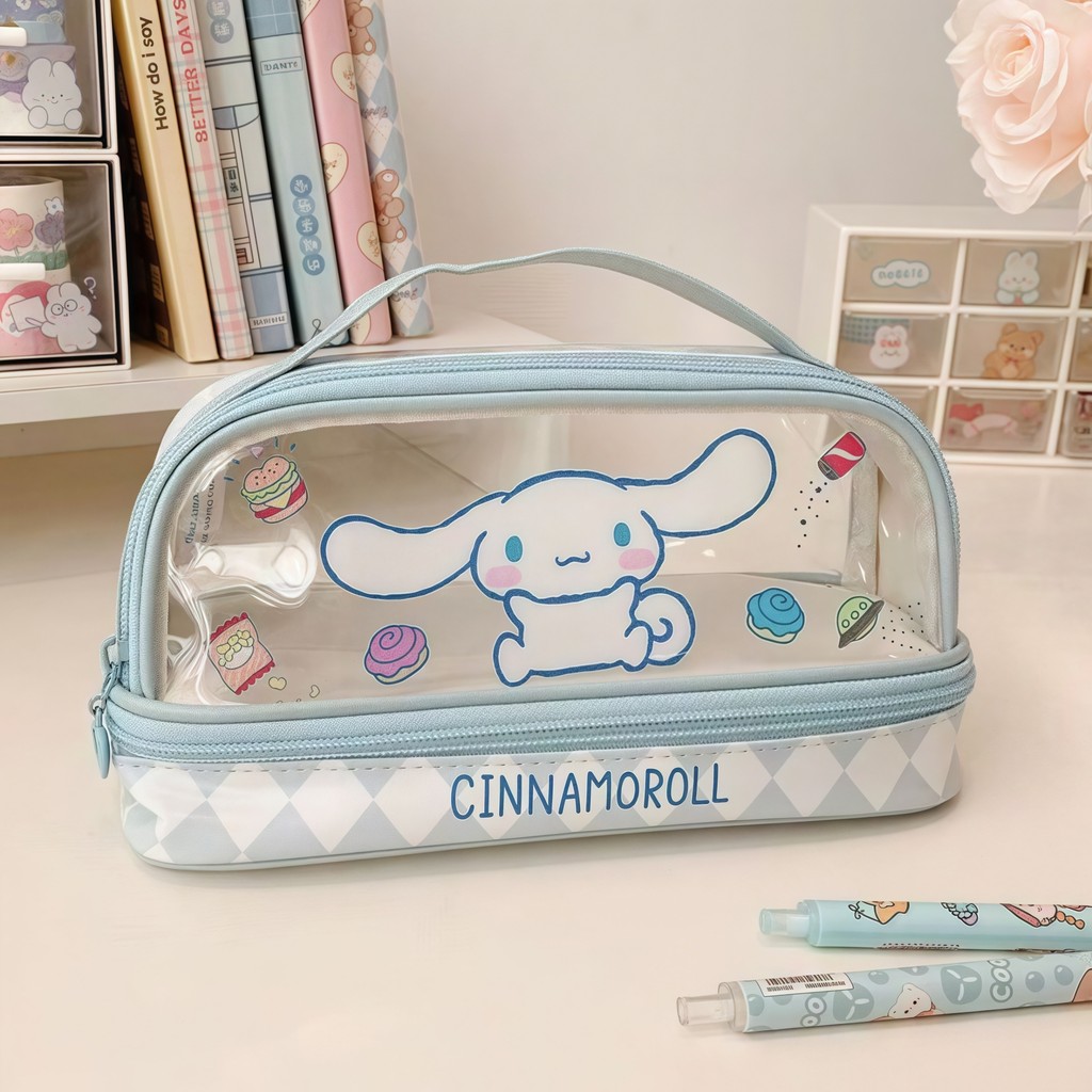

Cartoon Large-Capacity Transparent Double-Layer Pen Bag Waterproof Easy To Clean Stationery Pencil