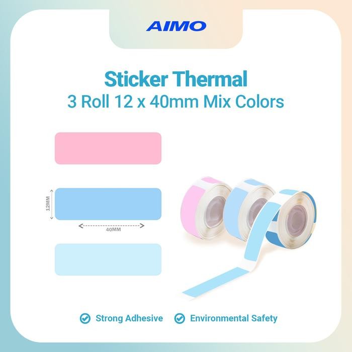 

SobatSaga AIMO Sticker Thermal Paper 12mm X 40mm 3/8" X 1 1/2" Black On Pink, Blue, Light Blue