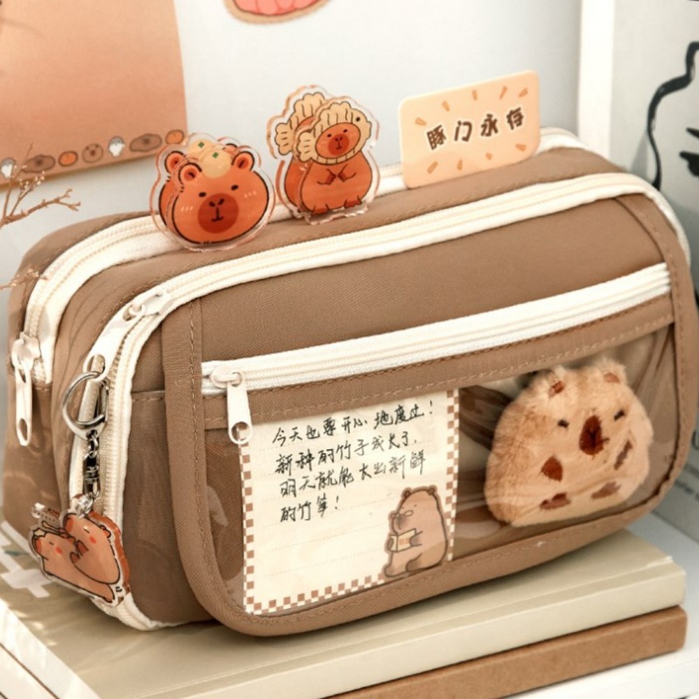 

Capybara Large Capacity Pencil Bag Cartoon Stationery Holder Bag With Brooches Stickers Clips
