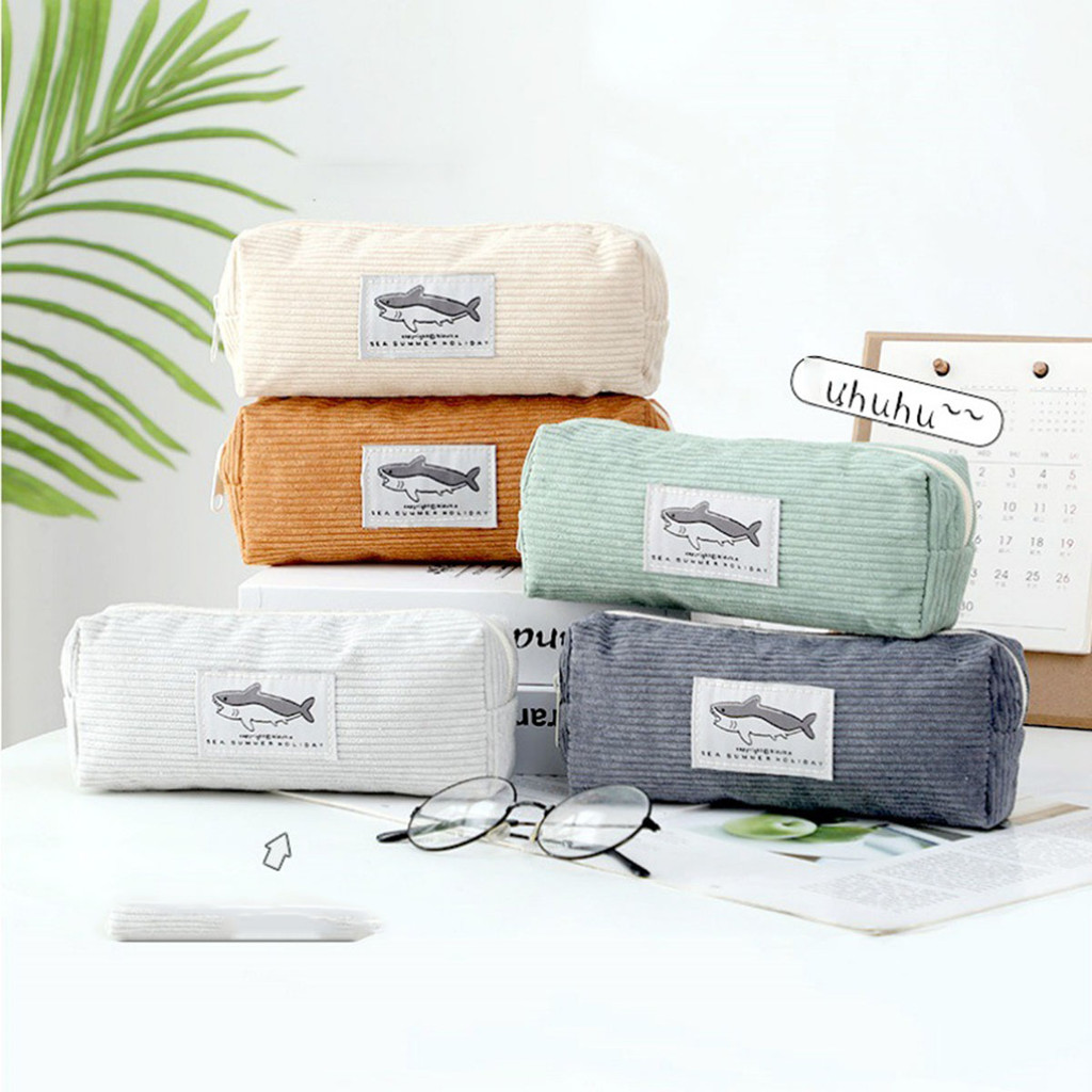 

Cute Corduroy Pencil Case Little Shark Embroidery Pen Bag Pouch Gift For Girls&Kids School Office