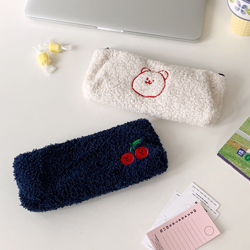 

Cherry Embroidery Pencil Bag Plush Pencil Case Stationery Pouch Bag Bear Lambwool Pencil Pen Pouch