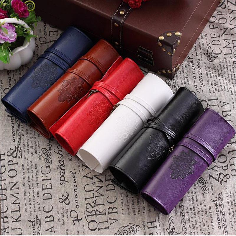 

Vintage Retro Luxury Roll Leather Make Up Cosmetic Pen Pencil Case Pouch Purse Bag For School