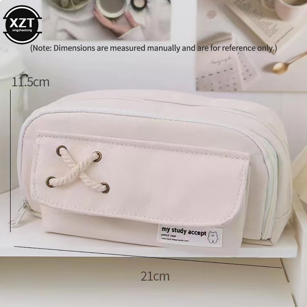 

Large Capacity Pencil Bag Stationery Holder Box Aesthetic Canvas Pen Case Three-Layer Zipper Pencil