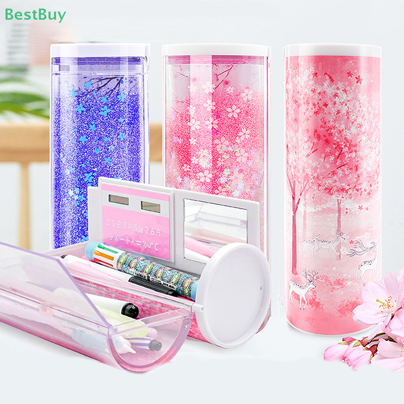 

Pencil Cases Multifunctional Standing Quicksand Pencil Case Organizer Double Layer With Mirror