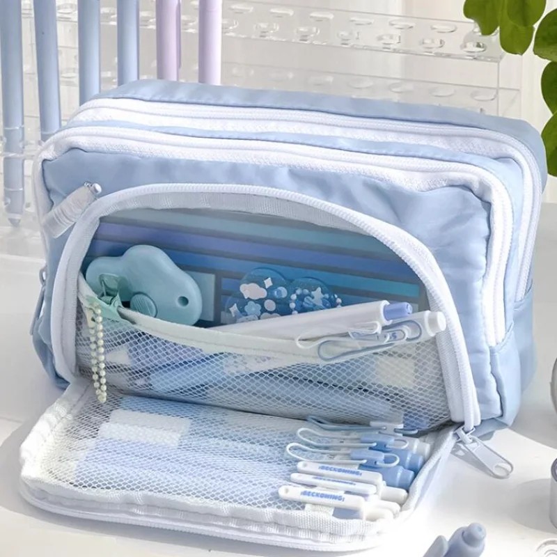

Ice Blue Large Capacity Pencil Bag Aesthetic School Cases Girl Korean Stationery Holder Bag Pen Case