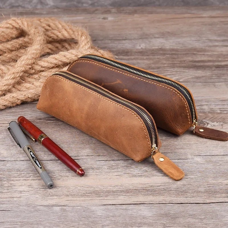 

Handmade Genuine Leather Pencil Bag Retro Simple Stationery Holder Pen Case Storage Bag Zipper