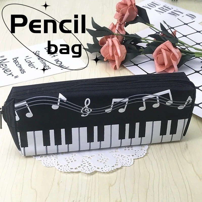 

Classic Music-Themed Pencil Bag Piano Score Note Pattern Student Stationery Bag Zipper Handle Large