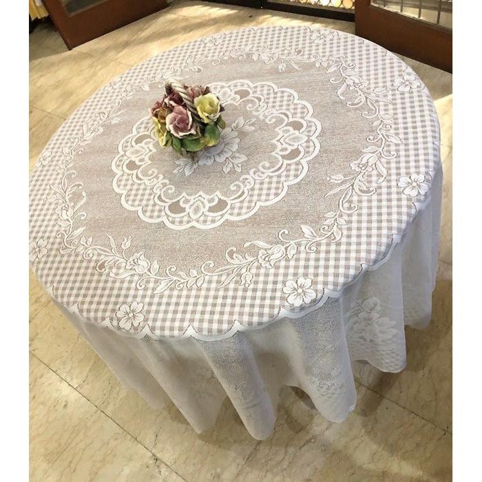 Taplak Meja Bulat Bundar Kain Brokat Putih Polos Vintage Jadul Klasik
