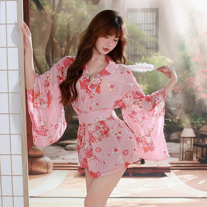 Satinya- Lingerie Sexy Kimono Set Cosplay Sakura Japanese Suit Satin Baju Tidur Piyama Wanita