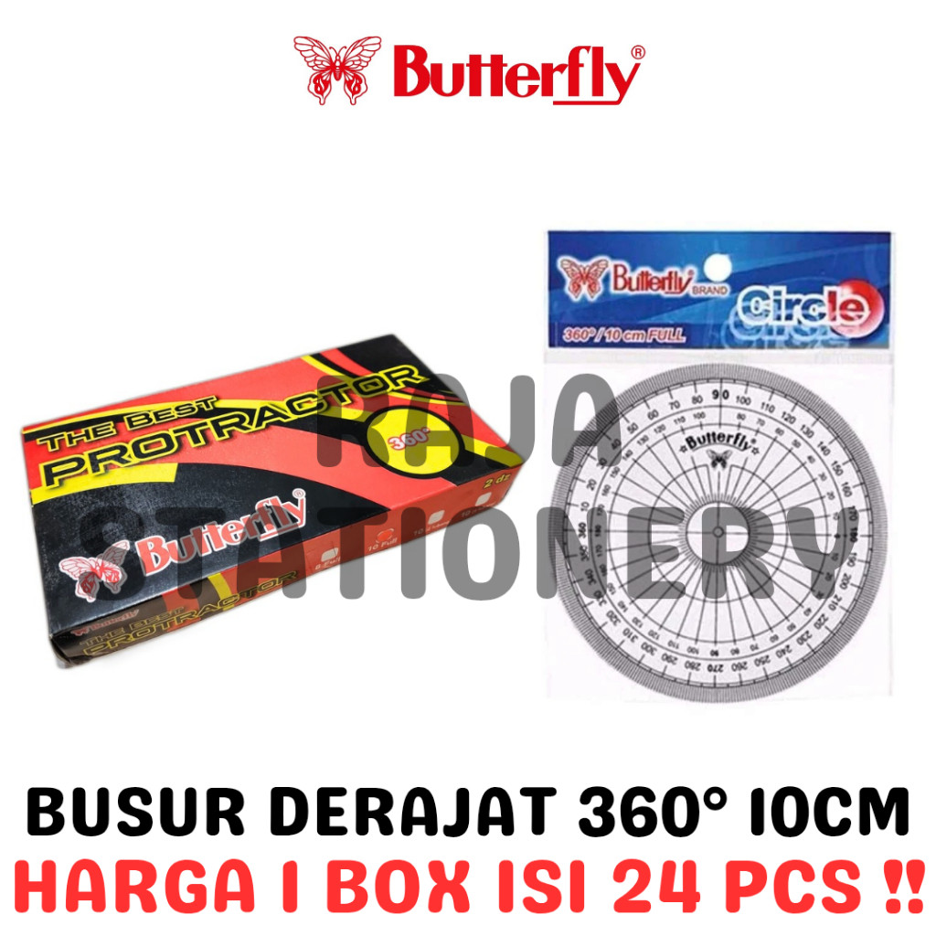 

BUTTERFLY PROTRACTOR 360° BULAT ROUND FULL PENGGARIS BUSUR DERAJAT 360° 10CM BULAT BOX [24PCS] - RAJA BIGBOX