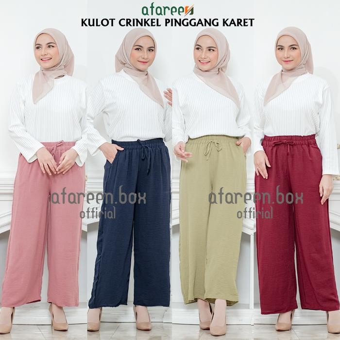 Skirta- Kulot Crinkle Airflow Celana Panjang Wanita Basic Polos Pinggang Kolor