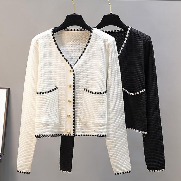 Coatelle- KhaefashionAtasan Crop Top Kardigan Rajut Wanita Lengan Pendek Outer Sweater Korean