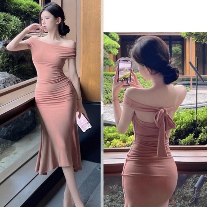 Clavie- 7896 Midi Dress Pink Gaun Wanita Panjang Formal Press Body Korea Dress Import Wanita