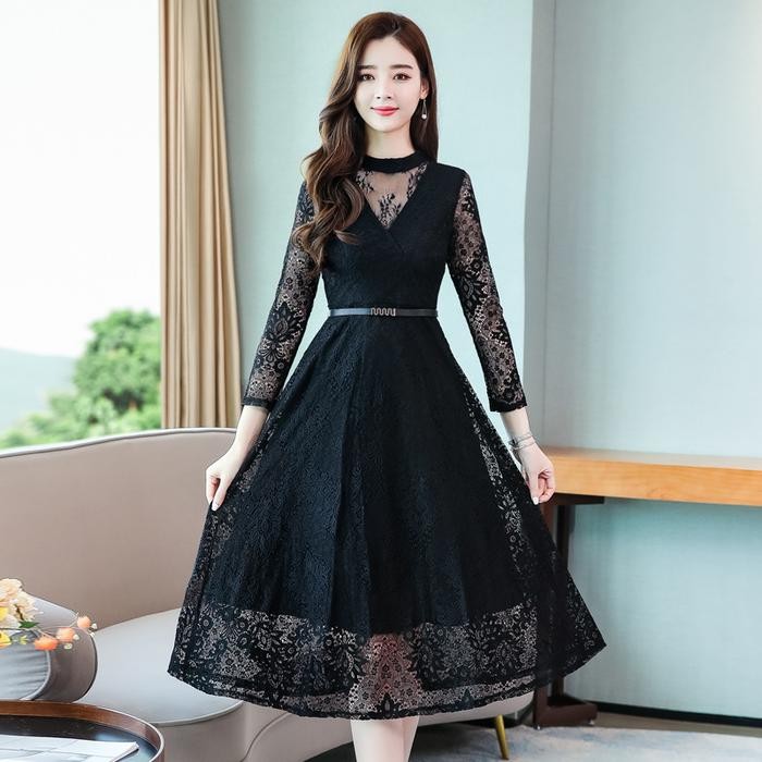 Fleesa- Cynthia Dress Brokat Pesta Lengan Panjang Zipper Formal Gaun Wanita Cantik Bunga Maxi