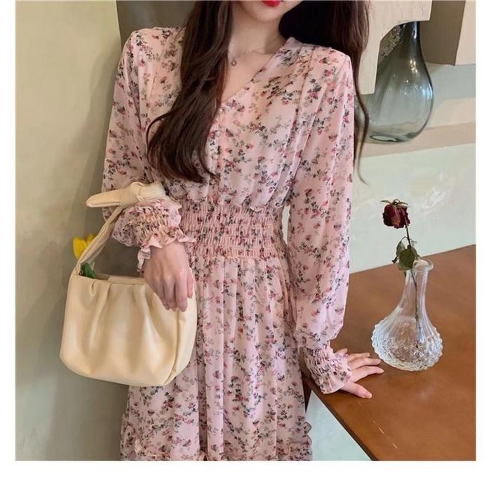 Fleesa- [Jessica]Dress Motif Tunik Bunga Sifon Lengan Panjang Korean Style Casual Wanita