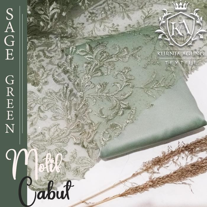 Trenatik- Kain Brokat Modern Motif Cabut Warna Sage Green + Furing Satin Velvet