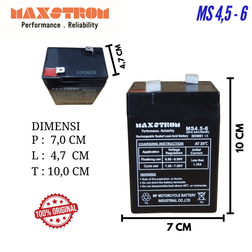 Yukngegas Maxstrom Aki Vrla 6V 4.5Ah 6 V 4.5 Ah 6V4.5Ah Mf Accu Kering Timbangan