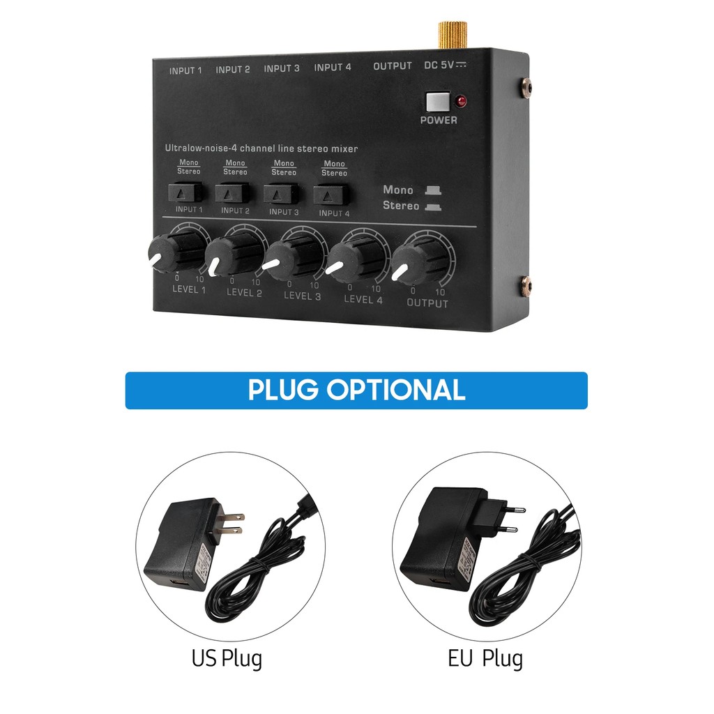 Ultra Low Noise 4 Channel Line Stereo Mixer 4 Input 1 Output DC 5V Mini Audio Mixer Microphone Guita