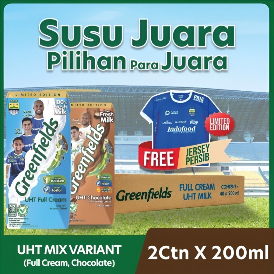 

[LEBIH HEMAT] SUSU GREENFIELDS UHT PERSIB MIX VARIANT 200ML X 2 KARTON FREE JERSEY PERSIB TERLARIS
