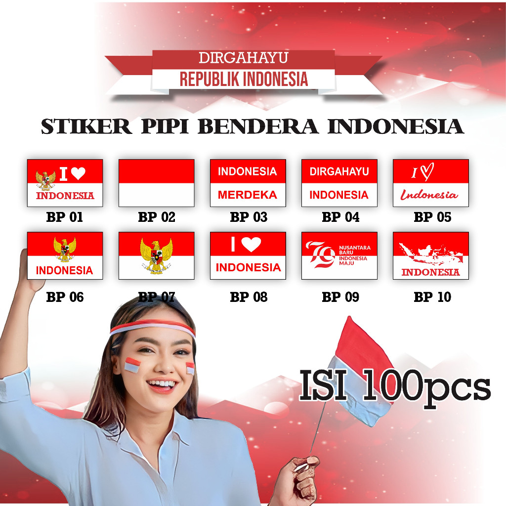 

Stiker Bendera Merah Putih Stiker pipi Stiker HUT RI Bahan Stiker Chromo Isi 100 pcs