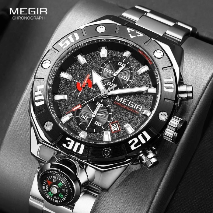 MEGIR Silver Quartz Watch Men Waterproof Luminous Sport Chronograph