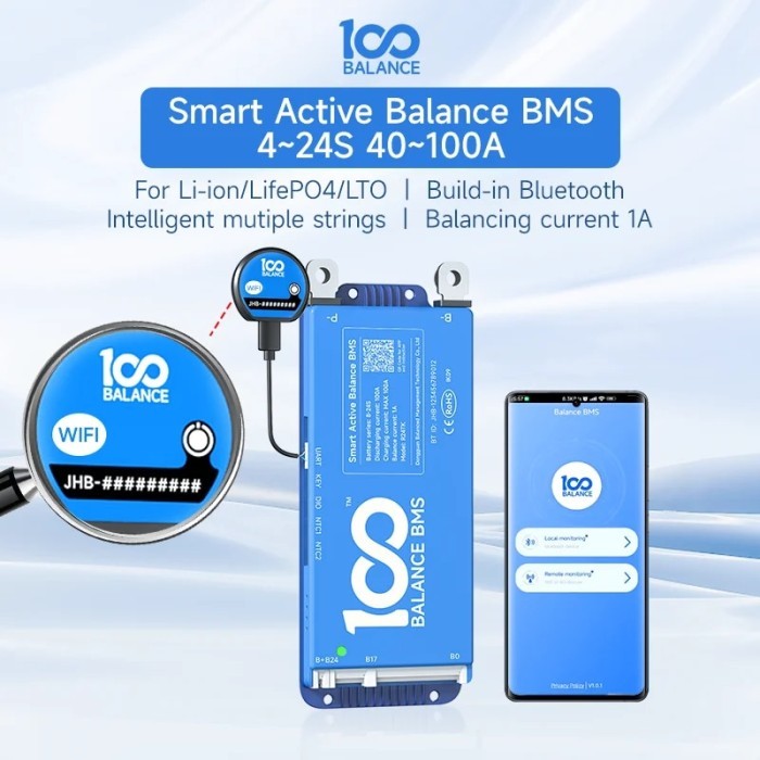 100BALANCE smart bms BT WIFI 40A 60A 80A100A12v 24V 48v 72V 60V