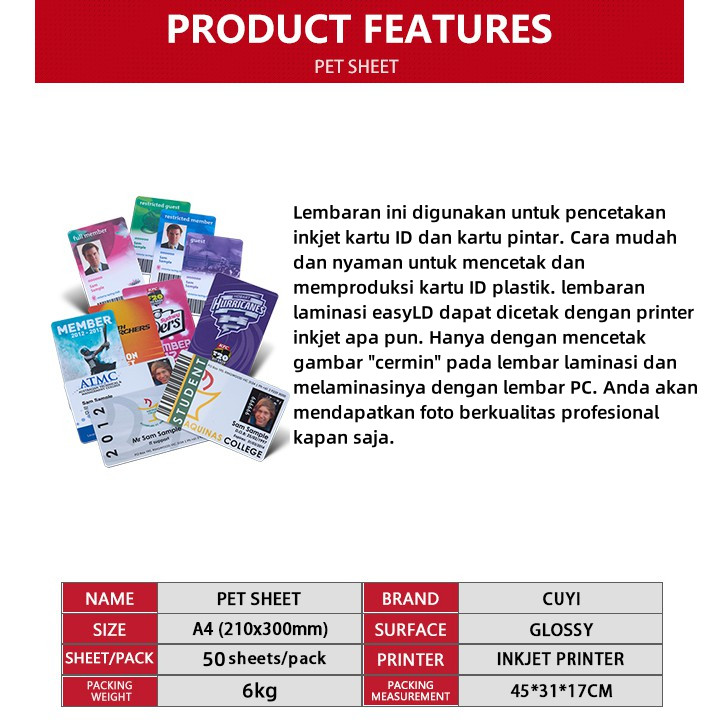 

JH8 PVC ID CARD Bahan Tebal Import Bahan Pvc Id Card Instant Tebal Inkjet A4 Amanda (50 PCS)