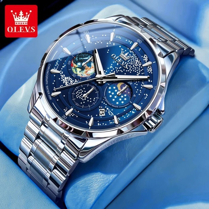OLEVS Fashion Blue Quartz Watch for Men Luxury Stainless Steel