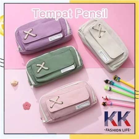 

Tempat Pensil Model Pita Silang Kotak Pensil Tali Rami Ritsleting Ganda Bahan Kanvas Pouch Tempat