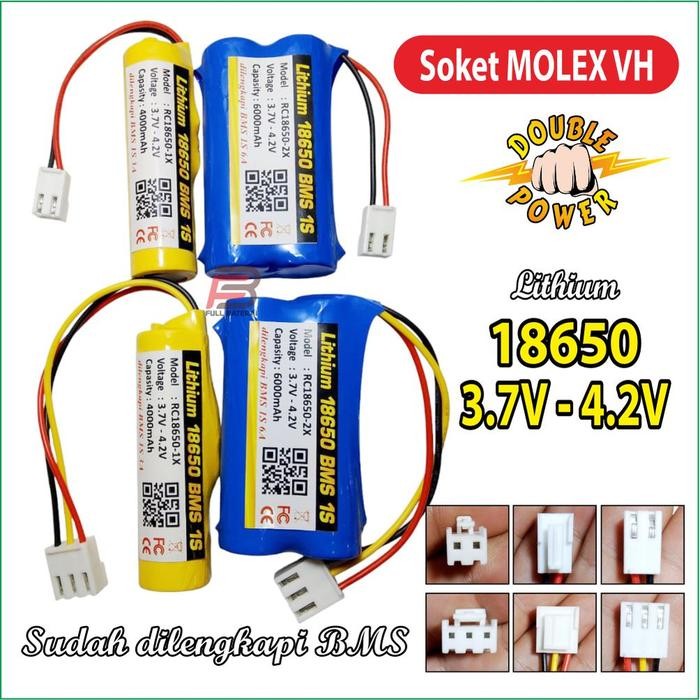 Baterai Lithium 18650 3.7V Maxs 4.2V 6000Mah, Batre Edc, Batre Speaker, Soket Molex Vh 2 Pin & 3 Pin