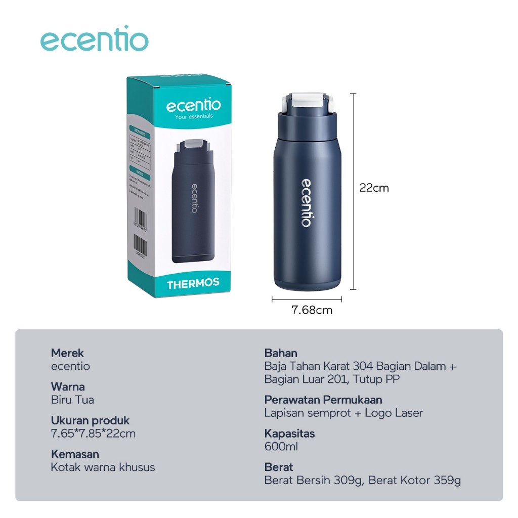 ecentio termos stainless steel Premium Panas Dingin Termos Air Panas 600ml Botol Minum Tahan Panas