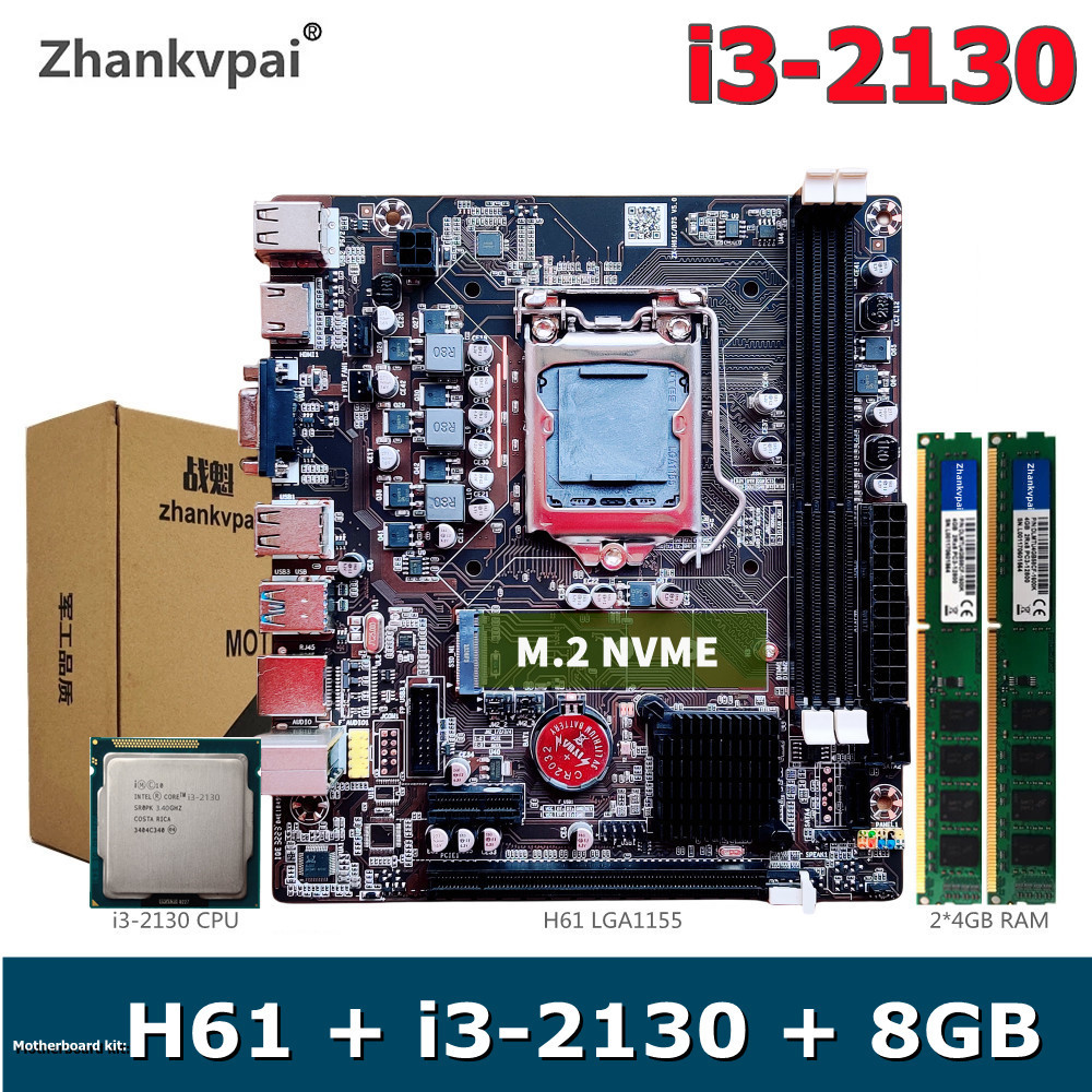 H61 Lga1155 Desktop Motherboard Intel Core Dual Core I3-2130 3.4Ghz Cpu Ddr3 8Gb Memory Kit Supports